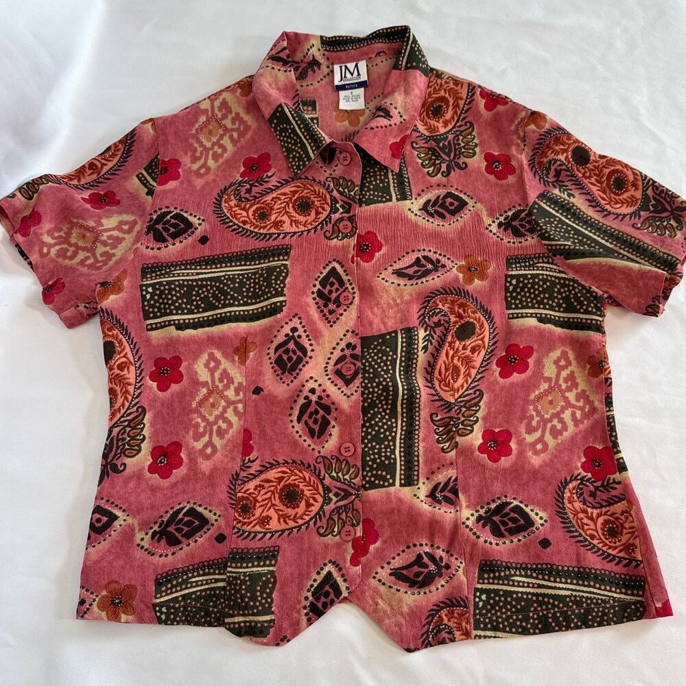 Vintage 90s Patchwork Rayon Camp Collar Blouse Boho Grandmacore Petite S - Picture 7 of 8